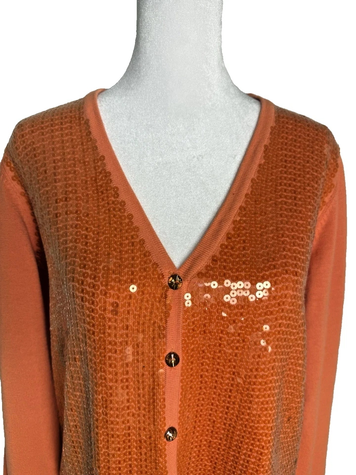 Quaker Factory Women's Cardigan Sweater Orange Sequins Size Small V Neck Button - Image 2 of 4