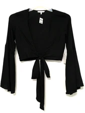 Winston White Size XS Black Long Bell Sleeve Blouse Tie Front Crop Top