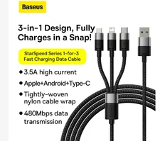 Baseus 3-in-1 Fast Charging Cable | USB-C + Micro USB + iPhone Connector | Nylon