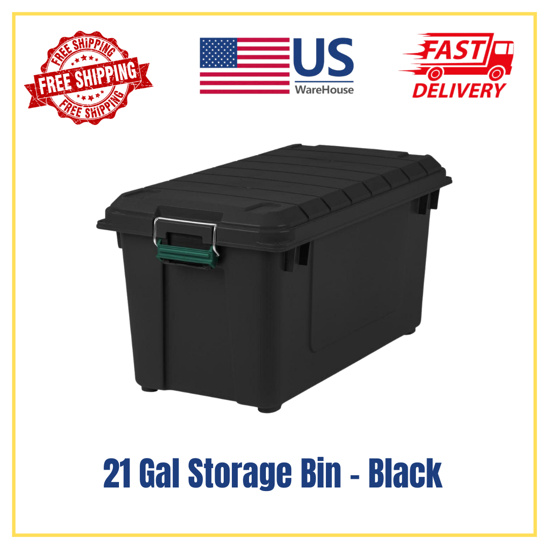 21 Gal Weatherproof Storage Bin Black Heavy-Duty Tote w/ Latching Lid
