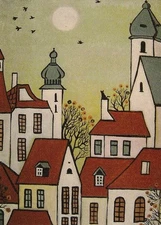 ACEO ABSTRACT FOLK ART PRINT OF PAINTING RYTA HOUSES CROW TOWN BLACK CAT TREES