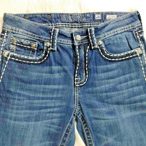 Miss Me Womens Boyfriend Capri Jeans Blue Medium Wash Stretch Embroidered 26 - Picture 3 of 10