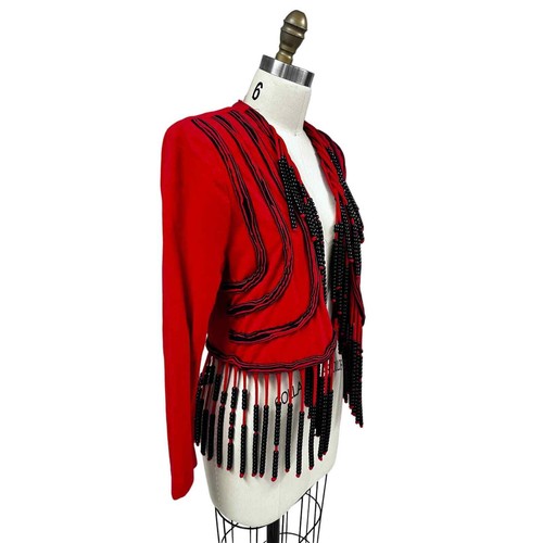 80s Mob Wife VTG Nooshin Red Cotton Jacket Black Beaded Fringe Sz S - Picture 4 of 6