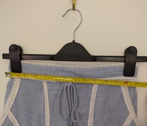 RIVER ISLAND UK8 Blue White Stripe Skirt Cotton Lace Trim Tie Waist Pom Pom - Picture 8 of 9