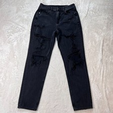 American Eagle Jeans Womens 6 Black Mom Jean Stretch High Rise Ripped Denim