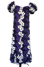 Vintage Hilo Hattie Hawaiian Maxi Dress Purple Hibiscus Floral Barkcloth S Women