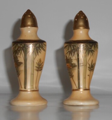 Nishida Japan Porcelain China 22k Yellow Black Bamboo Fuji Pr Salt/Pepper Shaker