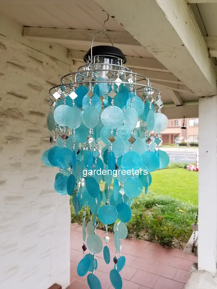 Turquoise Solar Capiz Shell Windchimes/Chandelier Turquoise Capiz Chimes Solar - Image 4 of 4