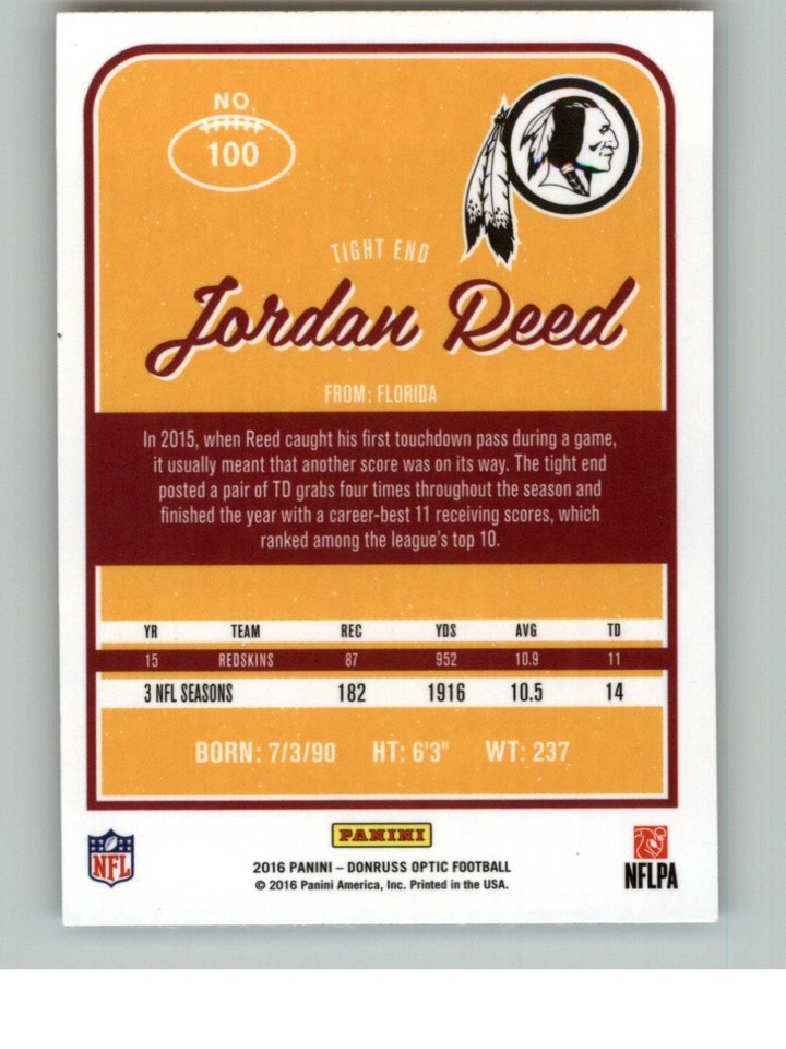 2016 Donruss Optic Jordan Reed 100 Washington Redskins Holo | eBay