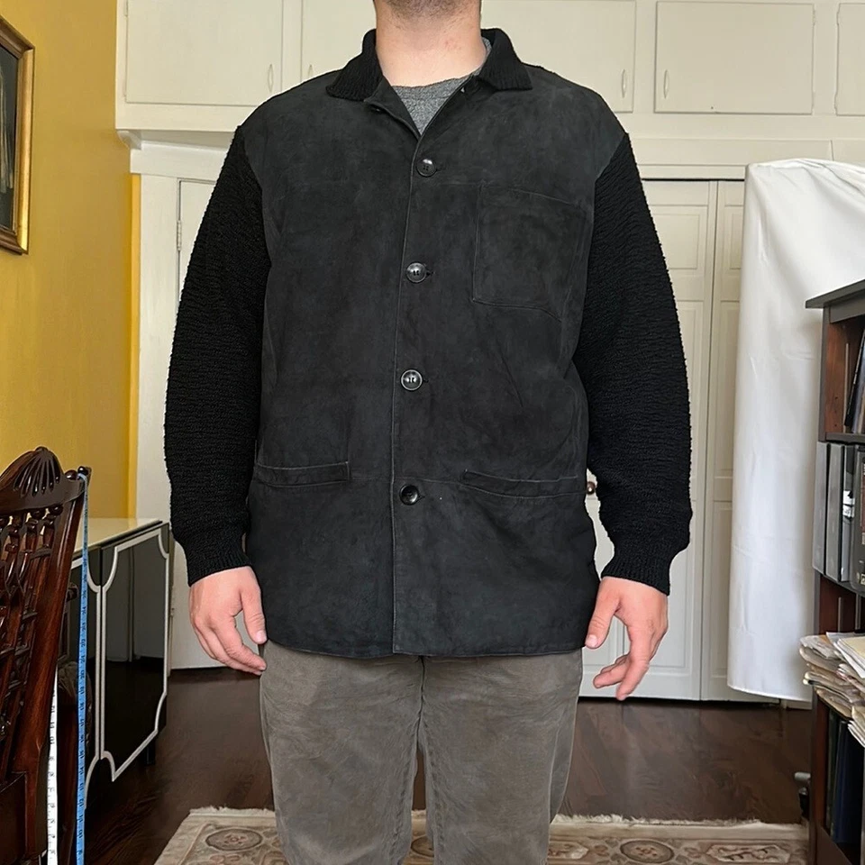 Mondo Di Marco итальянский сделано мужской черный замши и вязаная куртка размер L / XL - Изображение 3 из 4