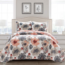 Leah Reversible Floral Quilt Set, 3 Piece Set, Full/Queen, Coral  Gray - Charmi