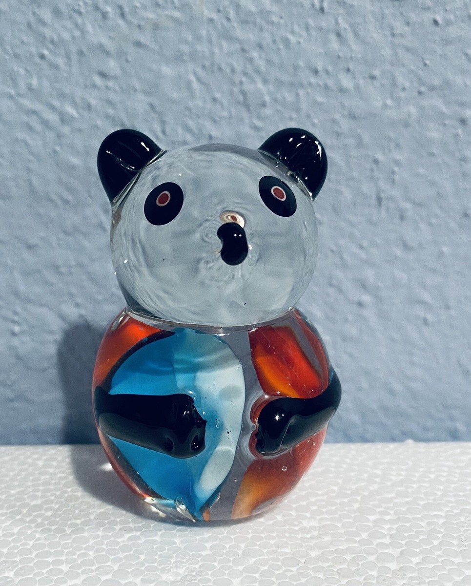 Vintage Blown Glass Panda Bear Figurine Cat's Eye Blue Red ~3