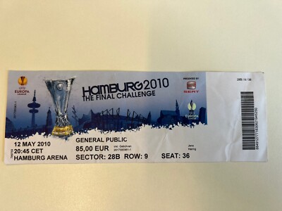Billet Finale Europa League 2010 – Atlético Madrid Vs Fulham – Pièce De Collection