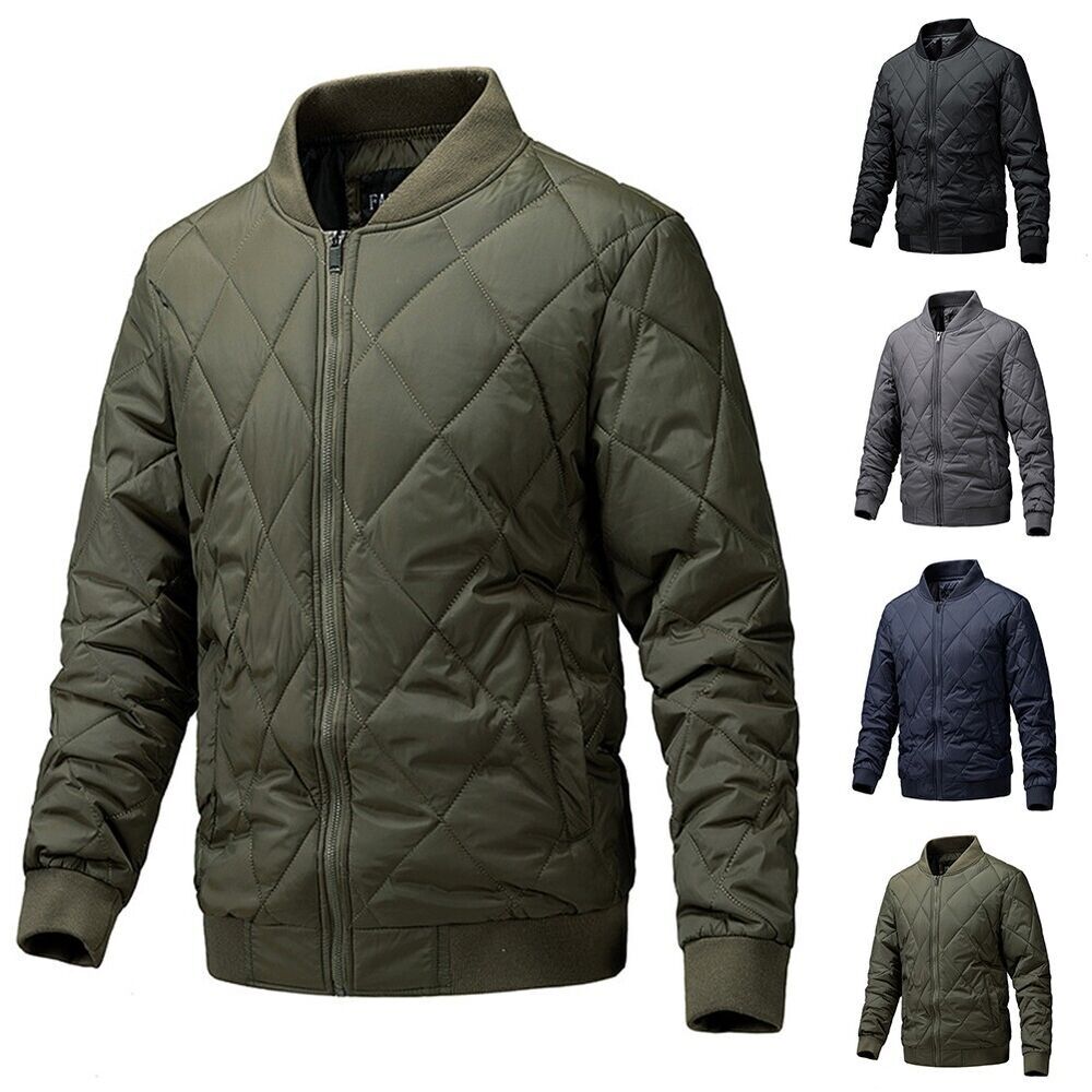 Men's Stand Collar Baseball Jacket Casual Cotton Padded Coat Zipper