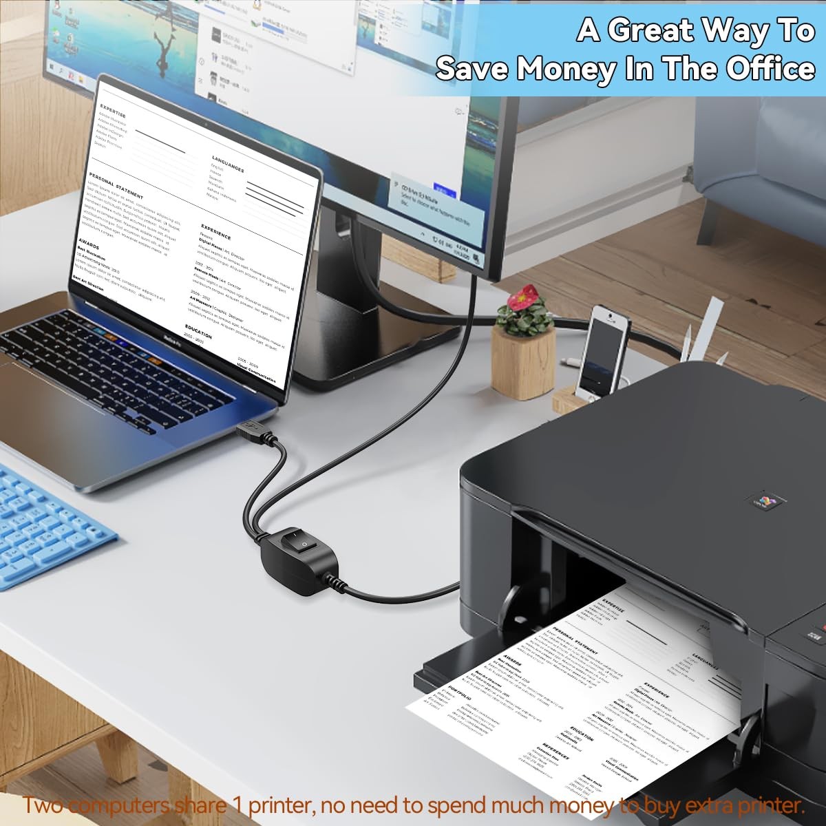 Herfair USB Splitter 1 in 2 Out Printer Cable for Two Bundled 