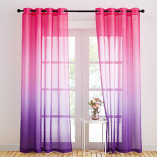 Pink and Purple Curtains, Ombre Girl Sheer Curtains for Bedroom, Faux Linen Semi