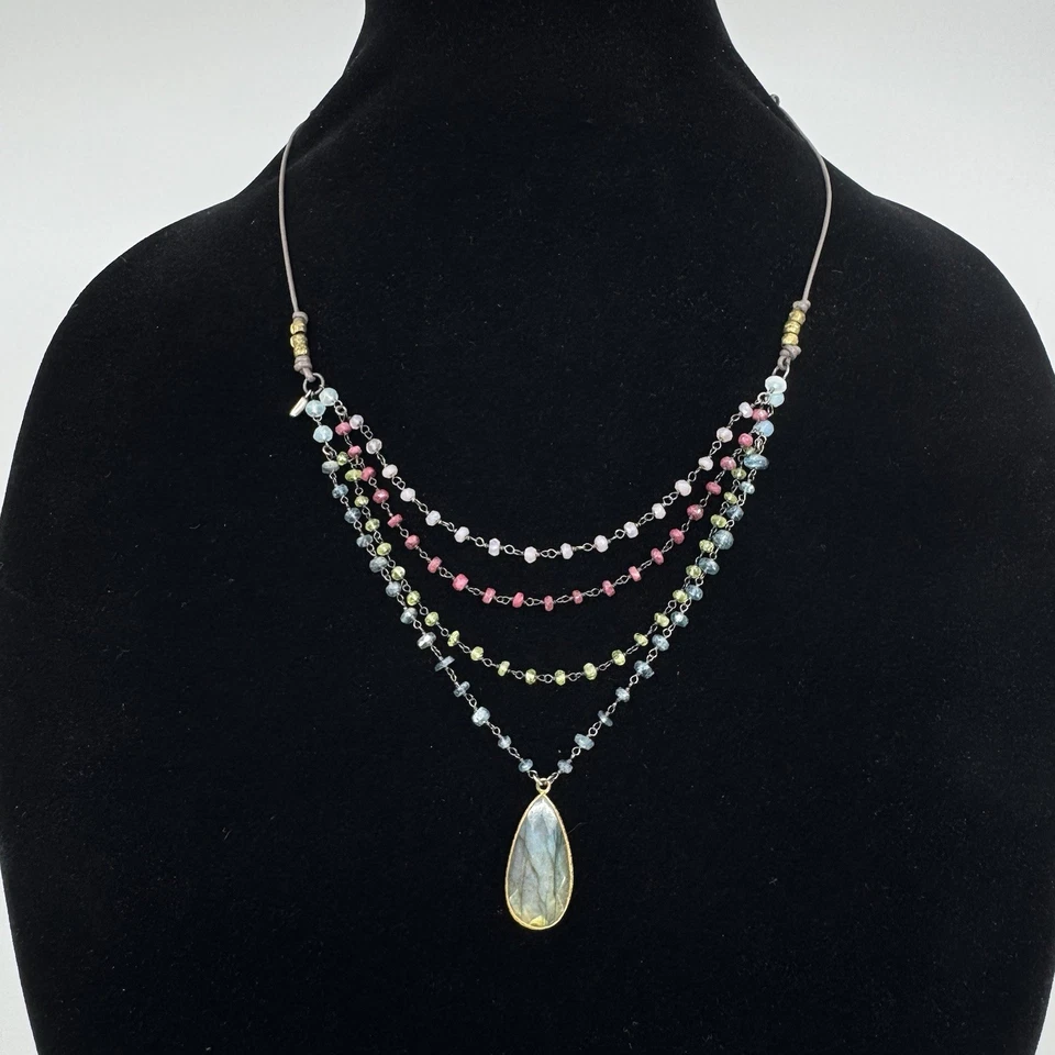 Collar babero en capas con cordón de cuero de labradorita de piedras preciosas de plata esterlina NAJ