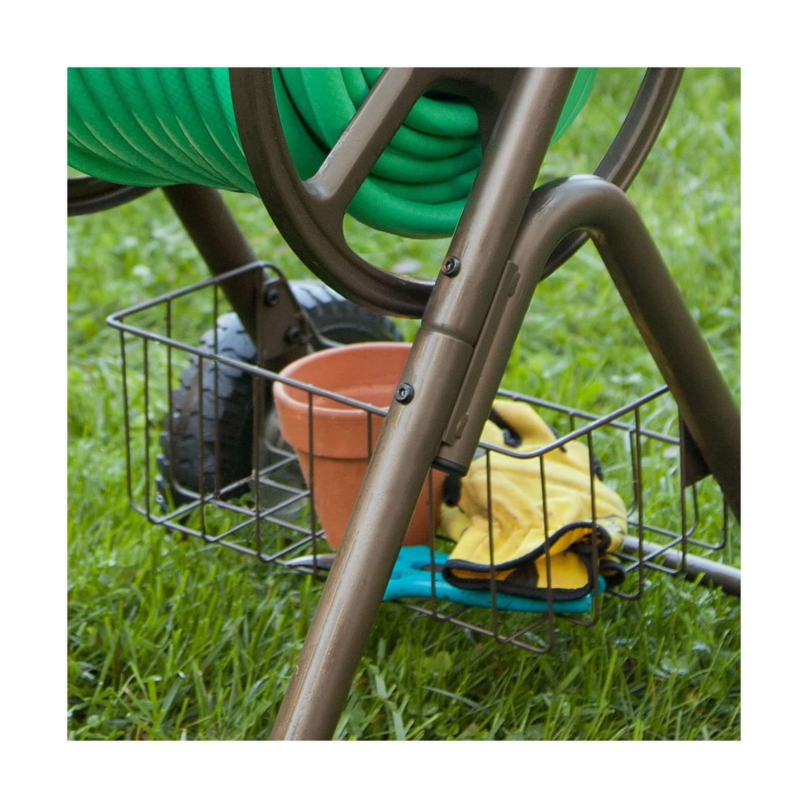 Two Wheel Hose Cart with Never Flat Tires and Storage Basket for Garden Yard Use