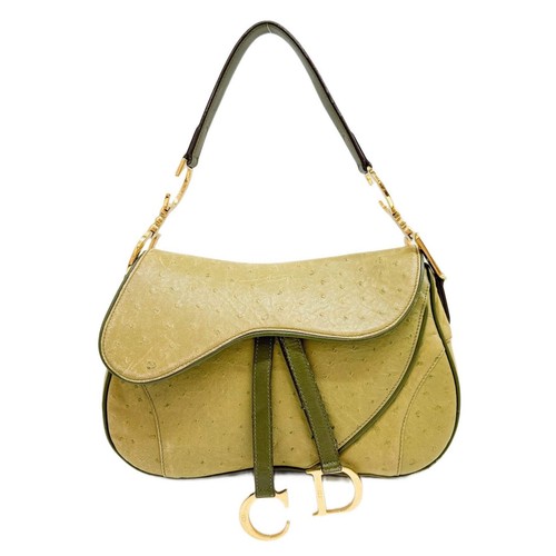 DIOR Double Saddle Green Ostrich Embossed Leather Shoulder Bag