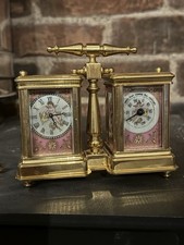 Bronze double miniature carriage clock with porcelain panels 