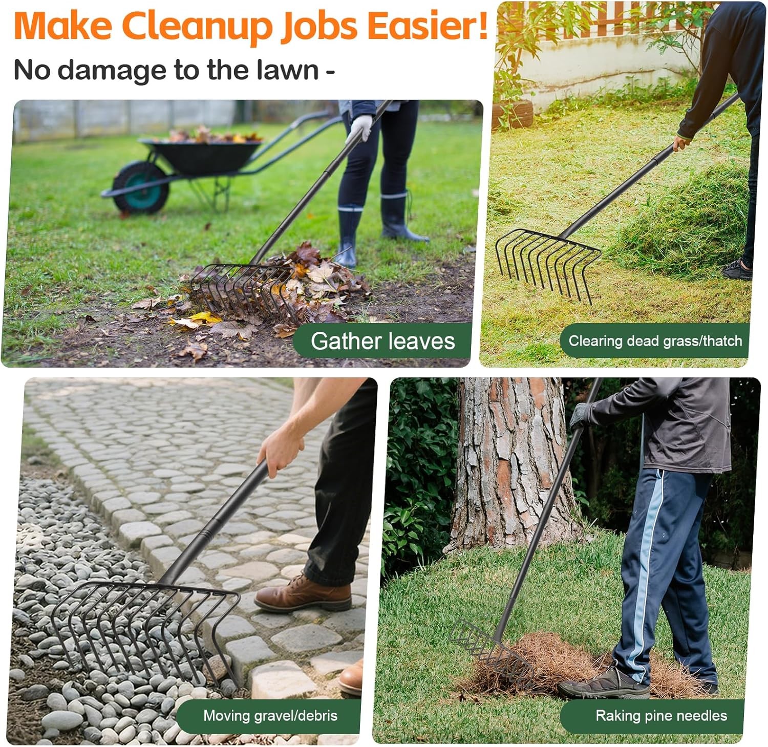 Garden Rake, Heavy Duty 11 Tines Metal Thatch Rake for Gathering Hay Dead Grass 