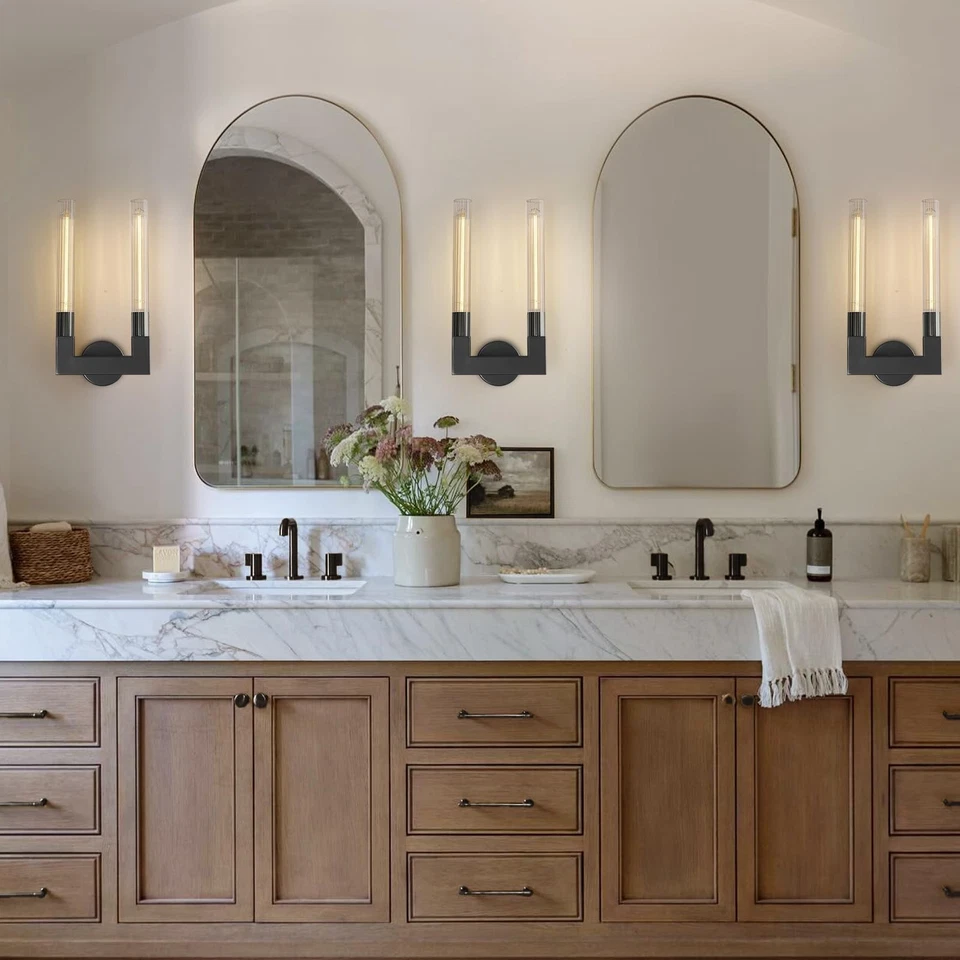 Modern Black Wall Sconces,19 Inch Double Bathroom Wall Sconce with Clear Glas... - Image 3 of 4