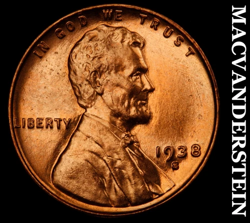 1938-S Lincoln Wheat Cent- Red- Choice Gem Brilliant Uncirculated Luster #J2188