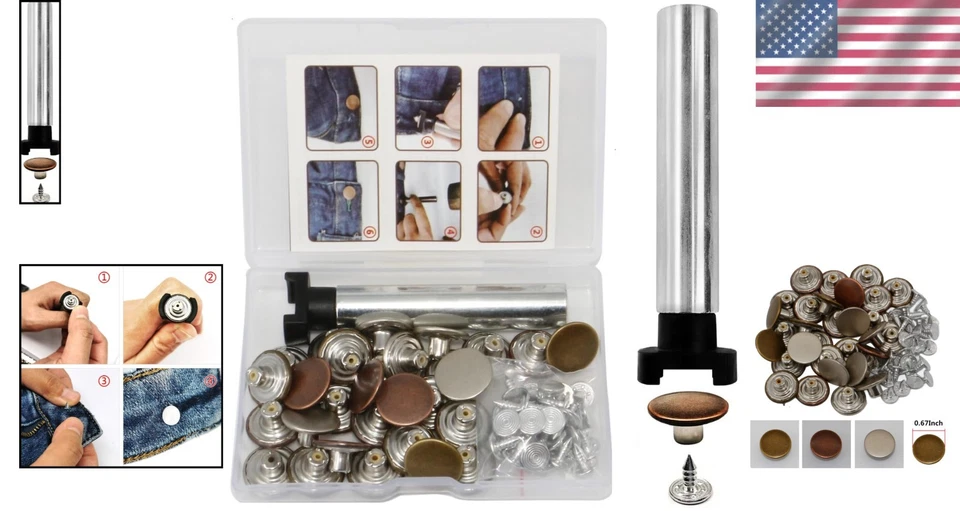 Metal Tack Buttons with Install Tool - 30 Sets 17mm, Perfect for Jeans & Pants - Image 2 of 4