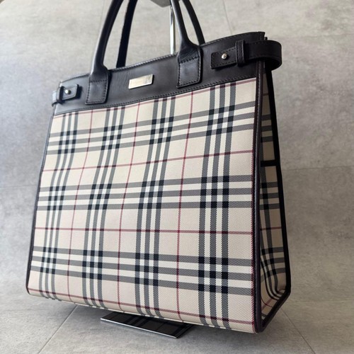 BURBERRY Tote Bag Nova Check Pattern Leather Trim Large Capacity Beige Brown