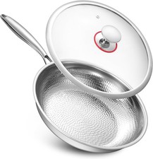 Pure Titanium Hammered Frying Pan with Lid, 12 Inch Skillet, No Coating Cookw...