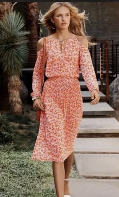 Michael Kors Cold-Shoulder Pleated Floral Orange Pink Floral Midi Dress XS
