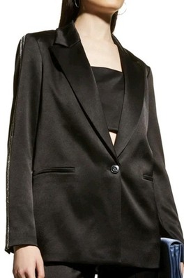 Alice + Olivia Black Denny Satin Boyfriend Blazer w Crystal Trim 8 New MSRP $695