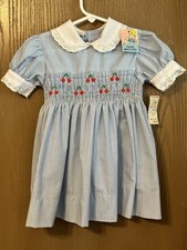 Vintage Girls Blue Seersucker Floral Smock Dress Size 4T New Old Stock with Tags
