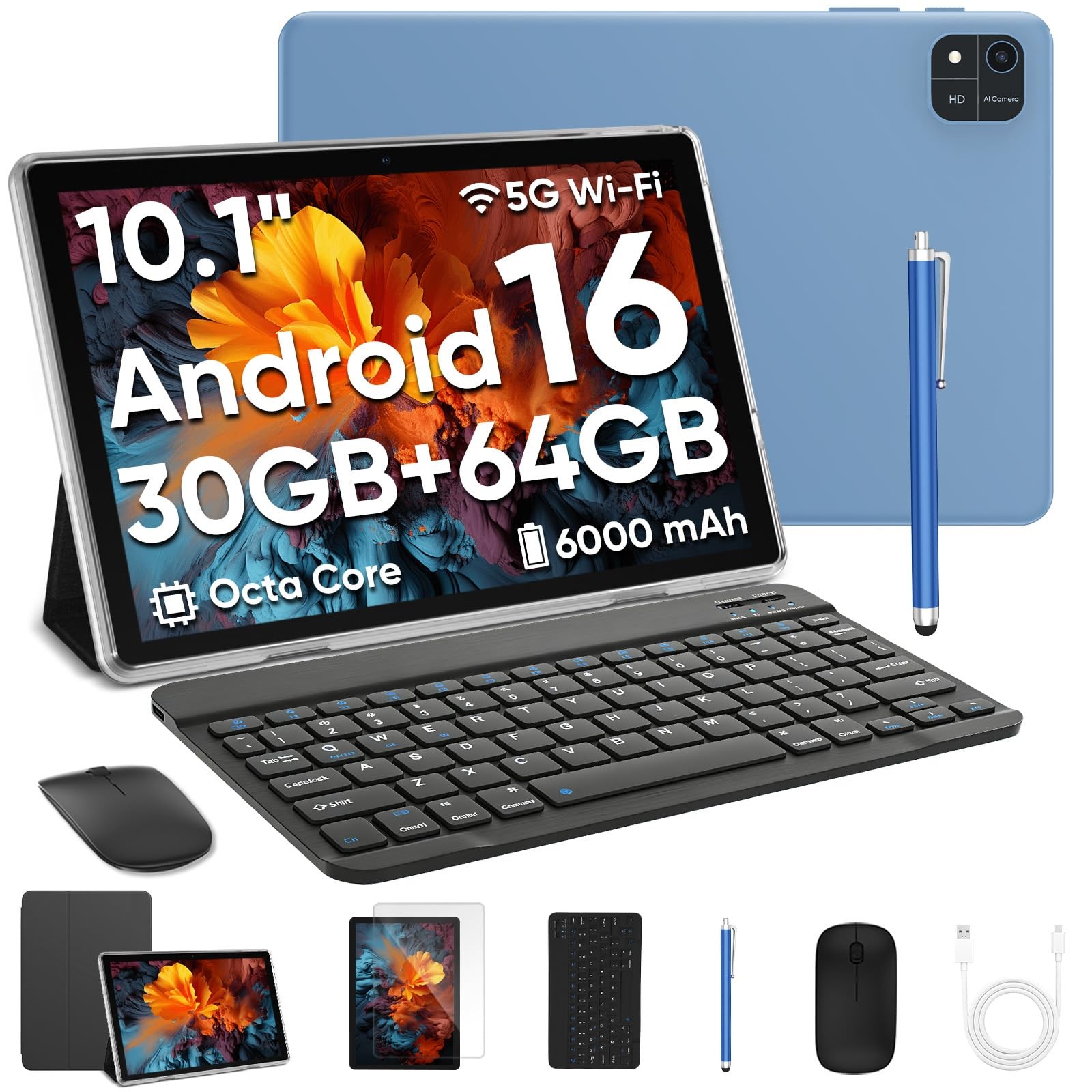TUOHAITIME Android 16 Tablet, 10.1 Pollici Tablet, 30GB RAM+64GB 10.1 Pollici, Blu
