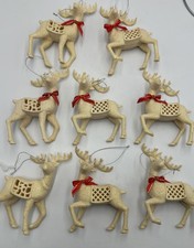Reindeer Christmas Ornaments Lot Of 8 Extra Glittering Sparkly Creamy White