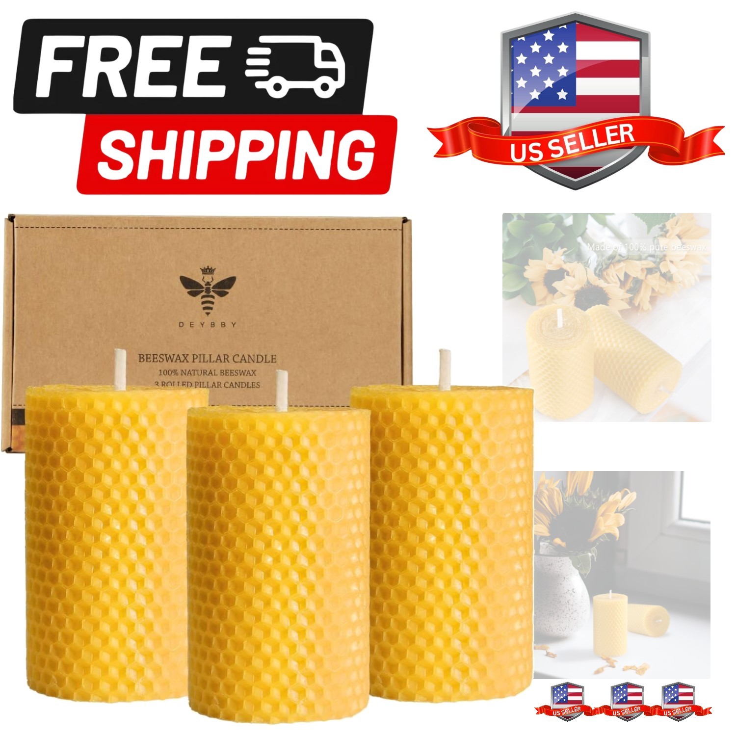 Set Of 3 - Handmade Pure Beeswax Rolled Candles For Gi...