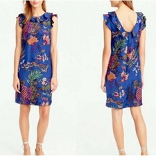 J. Crew Floral Print Ruffle Neck Sleeveless Dress Blue Colorful