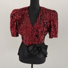 VTG 80s Barbara Chodos Michael Marcella Red Sequin Top Puffy Sleeve Bow Blouse