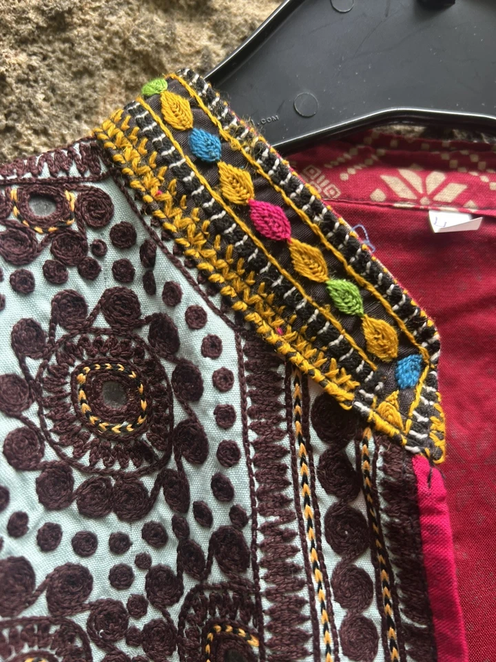 NEW Red Maroon Cotton shirt Hand Emboidered - hippy boho kurta festival - Image 2 of 4