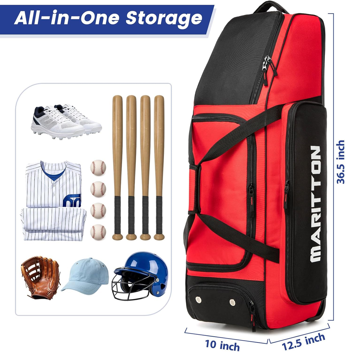 Rolling Baseball Catchers Gear Bag with Wheels, Large Baseball