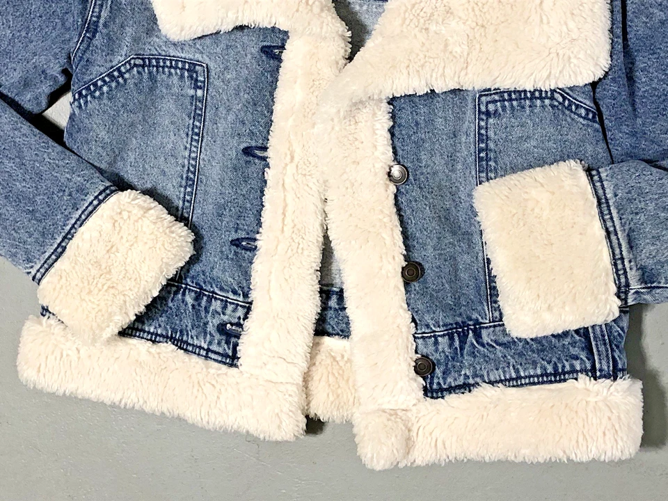 Denim Penny Lane Coat Jacket XS Jean Faux Fur Trim Blue 90’s Y2K - Image 3 of 4