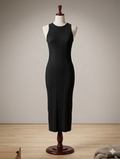 Women Black Sleeveless Knit Midi Bodycon Dress - Crew Neck S Casual