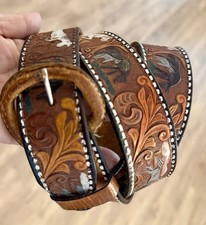 VINTAGE Hand Tooled Painted Leather Belt Men Size 42-44 Western Cowboy Country