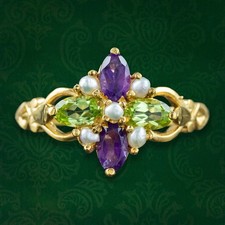 Edwardian Style Suffragette Cluster Ring Pearl Peridot Amethyst