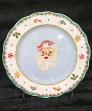 2 Potter's Studio BLUE SANTA CLAUS Salad Plates 8.5" Ceramic Christmas Candy FUN