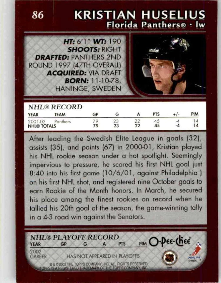 2002-03 O-Pee-Chee Kristian Huselius #86 - Image 2 of 2