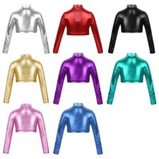 Girls Shiny Long Sleeve Ballet Dance Crop Top Turtleneck Gymnastics Jazz Shirt