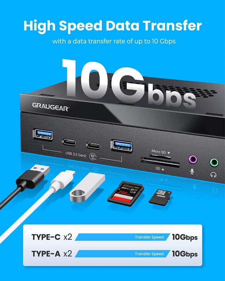 Frontpanel in 5,25 Zoll, 4x USB 3.2 Gen2 HUB 10Gbps, 2xA+2xC, Kartenleser, Audio - Bild 2 von 4