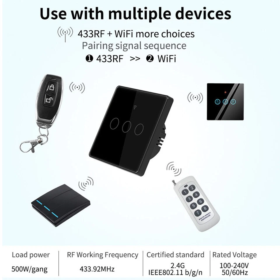 1/2/3 Gang Tuya Smart WiFi Switch EU 10A Touch Light Remote Control Timer Wall - Image 2 of 4