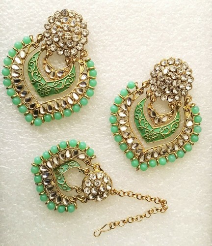 Boucles D'oreilles Bollywood Kundan Meenakari Vertes - Perles Imitation, Laiton - Style Créateur Indien - Neuf Avec étiquettes